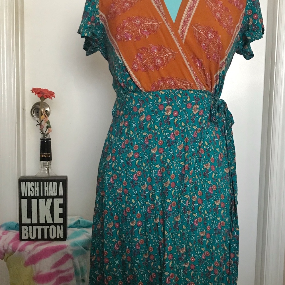 V Neck Wrap Vintage Floral Print Short Sleeve Split